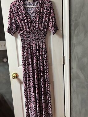 Seven Islands Black Pink Damask Maxi Dress Smocked Waist Puff Sleeve Womens Med